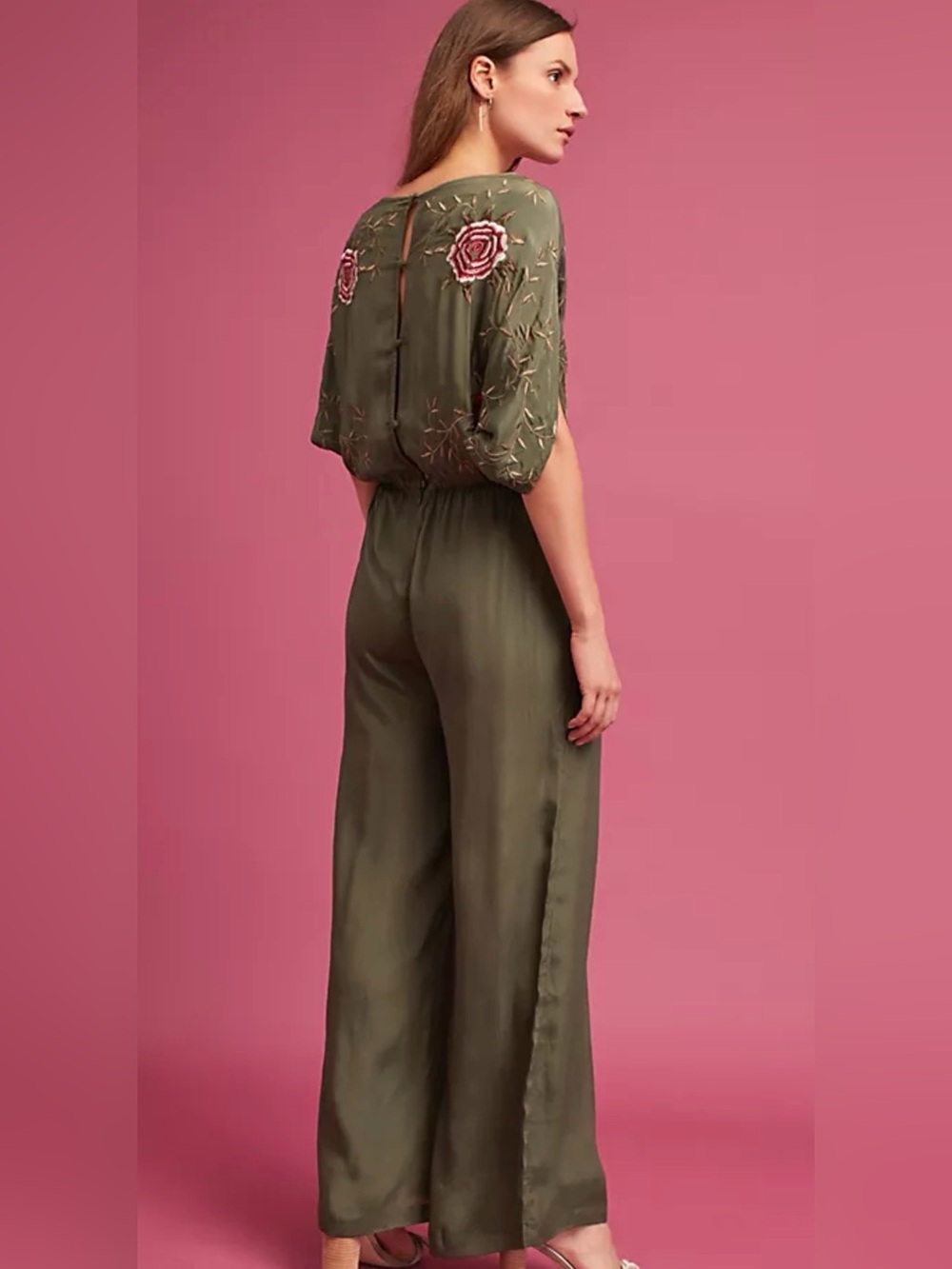 Anthropologie Olive Embroidered Wide-Leg Jumpsuit